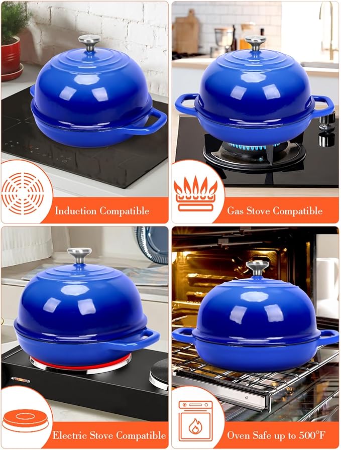 QuliMetal Dutch Oven Bread Baking- 5QT Enamel cast iron Oven with Sourdough Bread-Baking Supplies like Bread Proofing Basket, Scoring Lame, Dough Whisk for Sour dough, Bread-making Blue