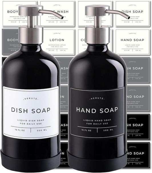 Hand and Dish Soap Dispenser for Kitchen and Bathroom, Set of 2 16 Oz Glass Bottles, Stainless Steel Pumps, Non-Slip Silicone Base, 27 Waterproof Labels (Gloss Black Bottle/Brushed Silver Pump)