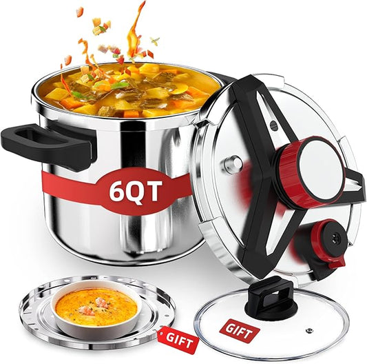 3-In-1 304 Stainless Steel Pressure Cooker 6.3 Quart: [Explosion-Proof] [3 PSI Settings], One-Hand Locking Pressure Canner, Induction Compatible, Glass Lid & Steamer Rack Included, Olla de Presion