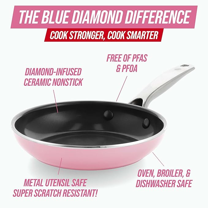 Blue Diamond Frying Pan 8??Skillet, Diamond Infused Healthy Ceramic Nonstick, PFAS and PFOA-Free, Dishwasher and Oven Safe, Even Heating, Metal Utensil Safe, Warp Control Base, Pink