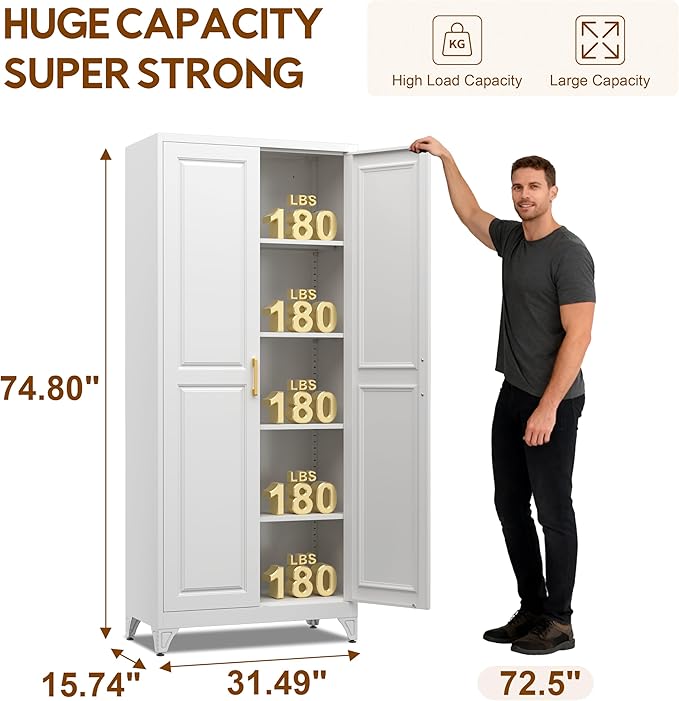 75" Kitchen Pantry Cabinet, Tall Storage Cabinet with Doors and 4 Shelves, Metal Storage Cabinets for Kitchens, Living Room, Dinning Room, Assembly Required, White