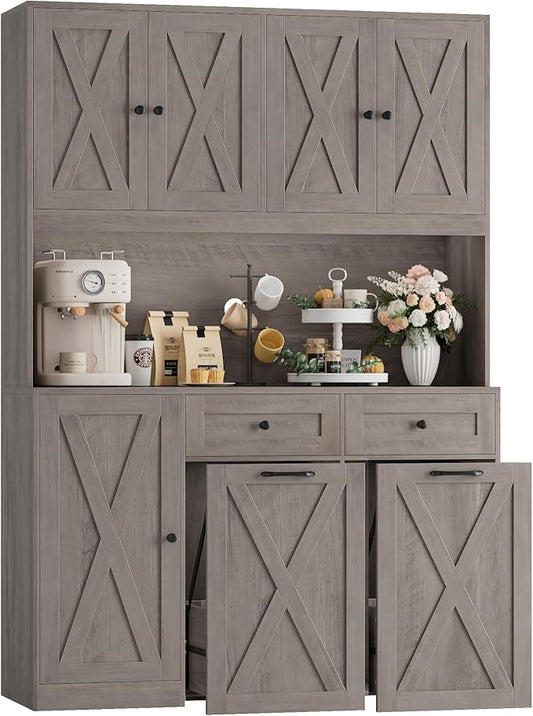 HOSTACK 71" H Kitchen Trash Can Cabinet, 12.5 Gallon Double Pull Out Garbage Can Hutch Cabinet with Trash Bin Storage Holders, 47" Wide Kitchen Pantry with Hidden Garbage Storage, Ash Grey