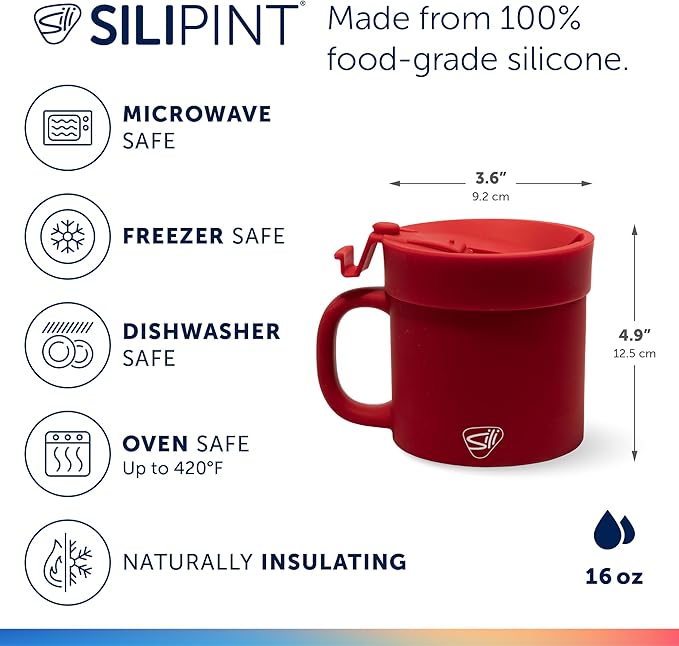 Silipint 16oz Silicone Coffee Mug Tumbler Flip Lid Unbreakable Dishwasher Safe Microwave Oven & Freezer Compatible ??Non-Toxic Reusable Cup for Hot Coffee Tea or Drinks Pack of 4 Classic Red
