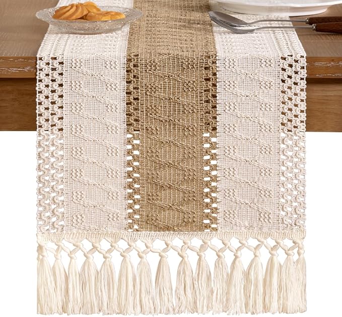 Socomi Boho Table Runner Valentine's Day Farmhouse Rustic Dining Kitchen Centerpiece Decor Small Macrame Woven Cotton Linen Coffee Table Runner for Dresser Scarf Home Decor 12x90 inch