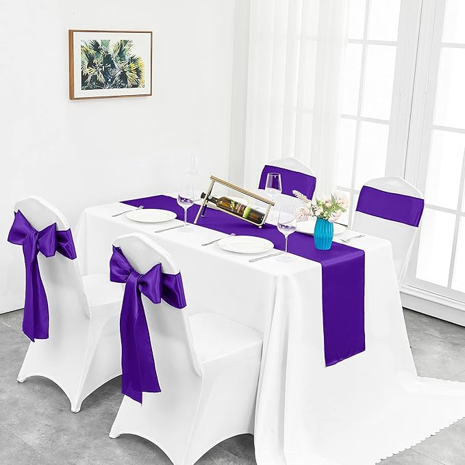 4-Pack Purple Satin Table Runner 12 x 108 Inch Long Bright and Smooth Silk Fabric Table Runner for Wedding Banquet Birthday Party Decoration