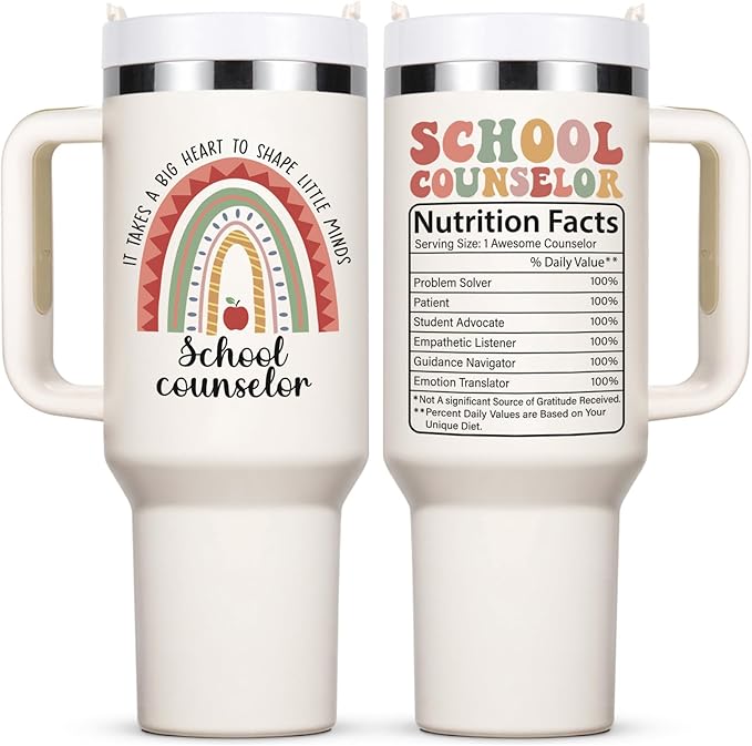 Lifecapido School Counselor Appreciation Gifts, 40oz Shape Little Minds Insulated Tumbler with Lid & Straw, School Counselor Gifts for Appreciation Week Christmas(Cream)