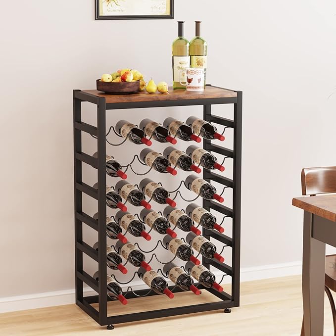 Dripex 30 Bottles Wine Rack Free Standing Floor, 6-Tier Display Wine Storage Shelves with Wooden Table Top, Sturdy Metal Bottle Holder for Kitchen Bar Pantry 23.2''L x 11.8''W x 34.7''H