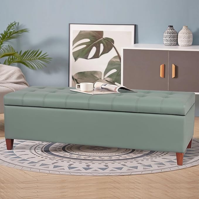 Joveco 51 Inch Storage Ottoman Bench,Tufted Leather Storage Bench for Bedroom (51??Gray Green)