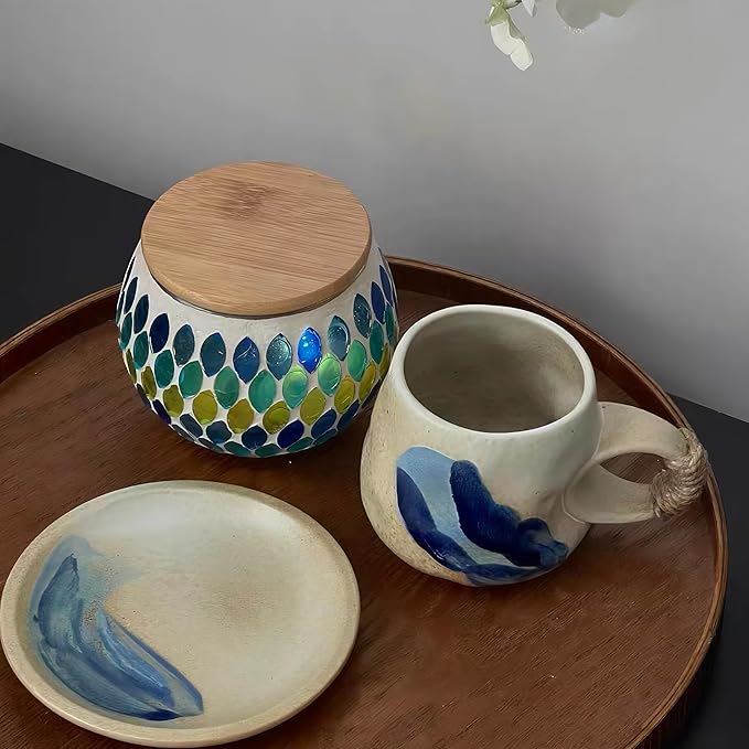 Small 8oz Unique Vintage Retro Japanese Handmade Ceramic Cappuccino Barista Cup with Saucer ??Artisanal Stoneware Coffee Mug,Handmade Pottery tea mug mor tea cup,Lead-Free Latte Art Mug, (1, White)