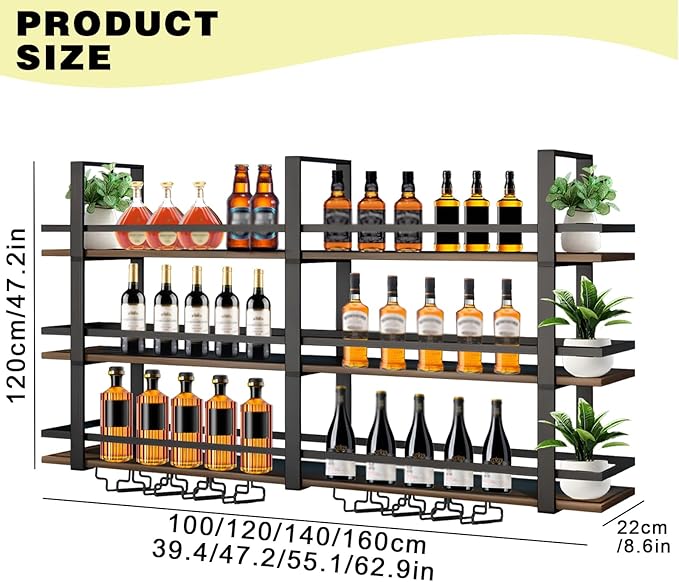 Wine Rack Wall Mounted with LED Lights, 3 Tier Metal Liquor Floating Display Shelves, with Wine Glass Rack, Iron & Wood Industrial Wall Wine Rack, for Bar, Kitchen, Cafe (Black, 62.9in)