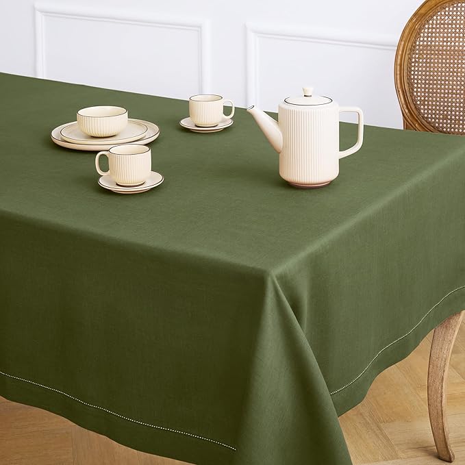 Solino Home Olive Linen Tablecloth 60 x 144 Inch - 100% Pure Linen Classic Hemstitch Table Cloth for Rectangle Tables - Machine Washable Tablecloth for Wedding, Parties, St Patricks Day