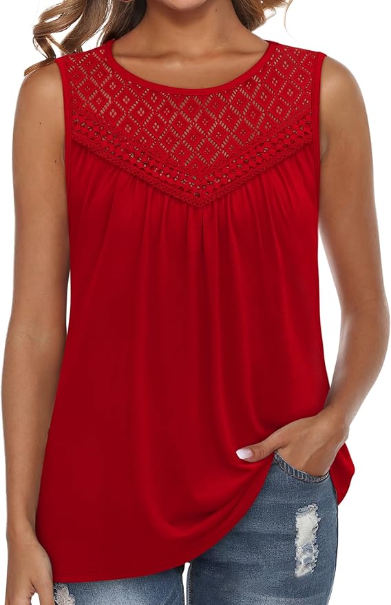 XIEERDUO Womens Tank Tops Sleeveless Lace Crochet Boho Tops Loose Fit Pleated Tunics Crewneck Summer Vacation Outfits Flowy