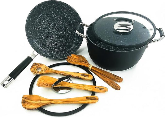 DaTerra Cucina - 8 Qt, 11??Nonstick Pasta Bundle ??Dutch Oven with Lid, Frying Pan with Lid, and Olive Wood Cooking Utensils | Made in Italy