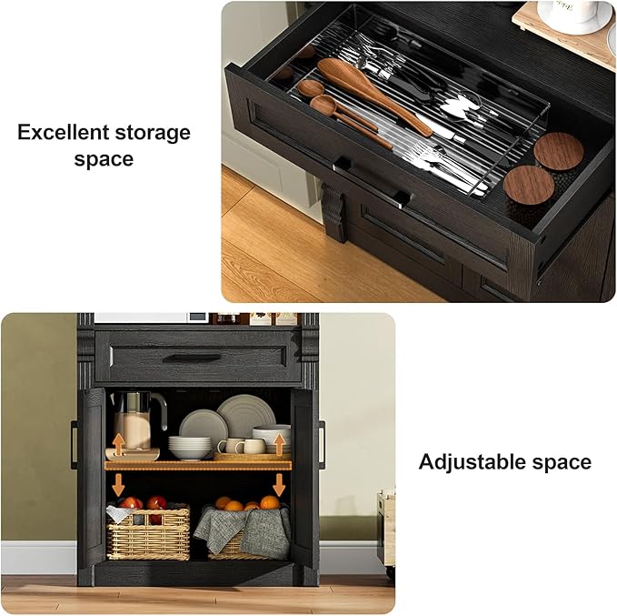 Rresyet 70.9" Tall Kitchen Pantry Storage Cabinet, Modern Kitchen Hutch Bar Cabinet with Lights, Freestanding Food Pantry with Adjustable Shelves and Drawer (Black)