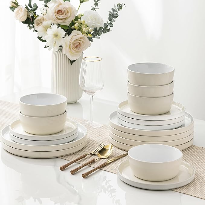 AmorArc Ceramic Dinnerware Set | Stoneware Plates and Bowls | Scratch Resistant,Dishwasher & Microwave Safe Dishes Sets-Beige3