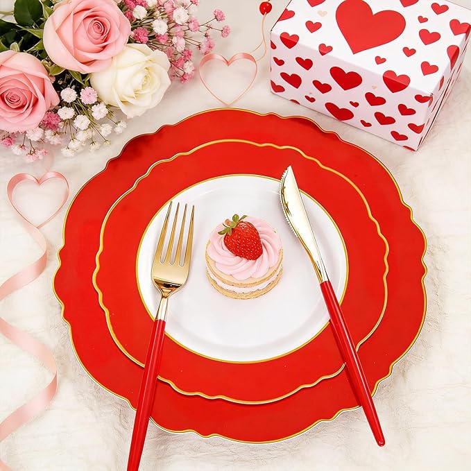 WDF 60pcs Red Christmas Plastic Plates with Gold Rim - 10.25inch Red Dinner Plates Disposable Plates Table Decor for Valentine's Day