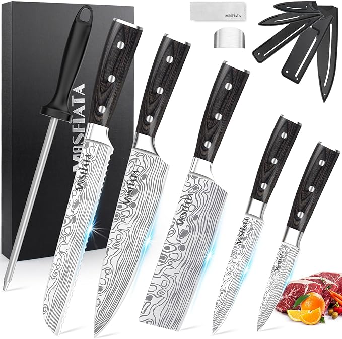 MOSFiATA 5 PCS Chef Knife Set, German High Carbon Stainless Steel Kitchen Knife Set with Sharpener Rod竊?PCS Blade Guard,Wood Handle Knives Set for Kitchen with Gift Box