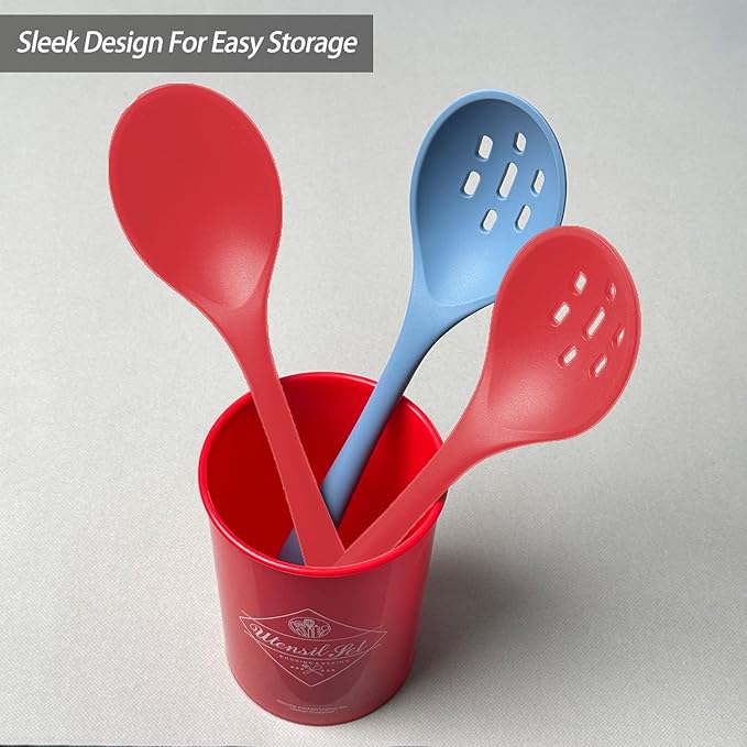 Silicone Spoons for Cooking - Extra Large Kitchen Spoons for Mixing, Serving, & Stirring - 600째F Heat-Resistant Non Stick Utensils Ladle & Skimmer- Dishwasher Safe, Red