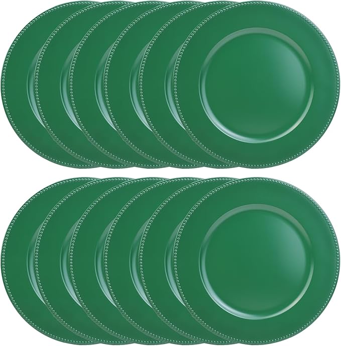 Set of 12 Green Charger Plates with Beaded. 13" Reusable Plastic Table Chargers for Dinner Plates