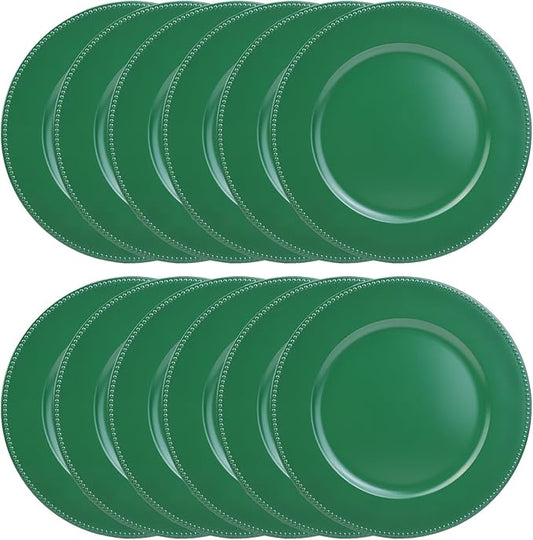 Set of 12 Green Charger Plates with Beaded. 13" Reusable Plastic Table Chargers for Dinner Plates