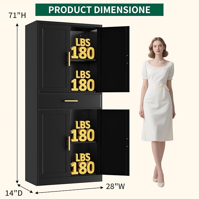CJF 71" H Metal Kitchen Pantry Storage Cabinet, Freestanding Cupboard with Adjustable Shelves and 1 Drawer, Standing Storage for Kitchen, Bathroom, Garage, Dinning Room or Utility Room（Black）