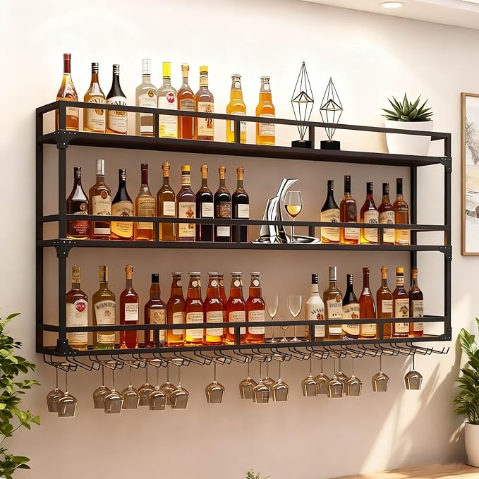 Wall Mounted Wine Rack, Floating Industrial Liquor Glass Holder 3 Tiers, Large Metal Wine Bottle Display Rack Hanging Shelf, for Home Bar Dining Room Decorative (Black, 39.37x35.43x9.84in)