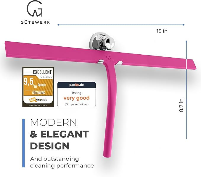 G횥TEWERK Shower Squeegee for Glass Doors, Silicone Window Squeegee, Bathroom and Glass Cleaning - Pink - 15 Inch