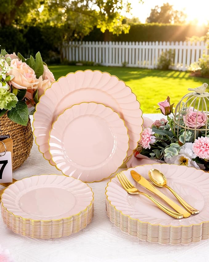 YOUBET 100PCS Pink Scalloped Plastic Plates - Heavy Duty Gold Disposable Fancy Hard Plates Include 50 Dinner Plate, 50 Dessert Plate, for Wedding & Party Valentines Day