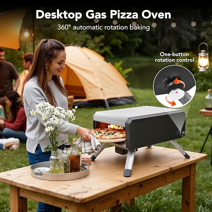 Pizza Oven, with 14" Pizza Stone and Legs,Automatic Rotation Function Outdoor Gas Pizza Ove, Carbon Steel Material,Maximum Temperature of 700째F, for Camping, Parties and Backyard Barbecues,Outdoor