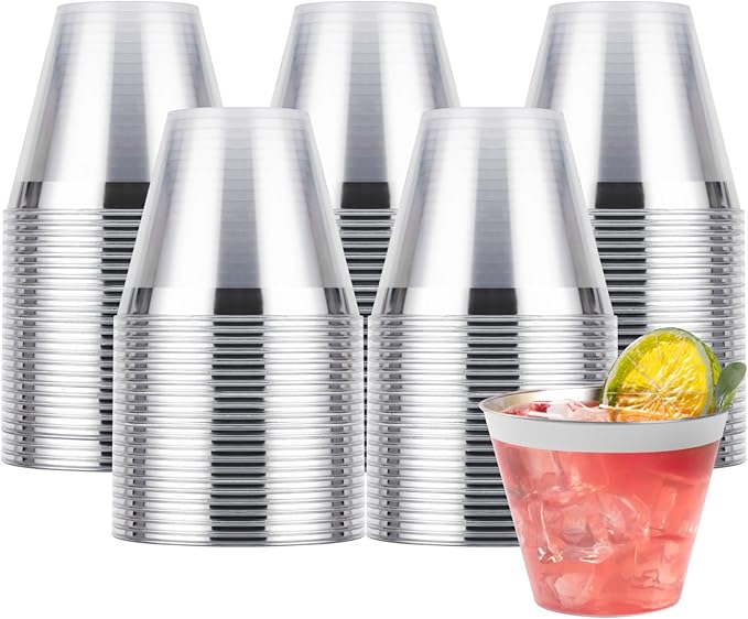Goodluck 100PCS 9oz Plastic Cups for Party, Disposable Silver Cups, Plastic Cocktail Glasses for Wedding Thanksgiving, Christmas, and Parties