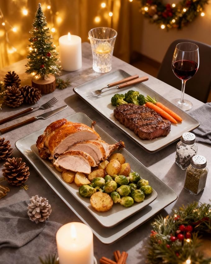 Famiware Serving Platter, Rectangular 15.67/14.1/12.6inch Serving Dishes for Entertaining, Reactive Glaze, Stoneware Serving Trays for Party, Food, Turkey, Snack, Cheese, Ocean Series, Grey