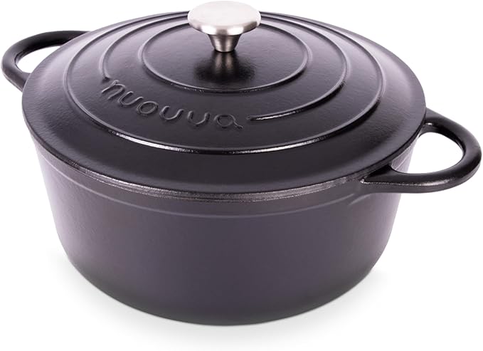 Nuovva Enamelled Cast Iron Dutch Oven Pot with Lid ??6.4 Quart Non Stick Casserole Pot ??Heavy Duty & Oven Safe up to 500째 F for Bread Baking, Braising, Stews, Roasting ??28cm Black