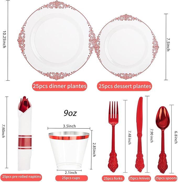 Hioasis 175pcs Clear and Red Plates - Red Party Plates for 25 Guest, Include 50 Heavy-duty Plates(20% Thicker Than Standard), 25 Pre Rolled Gold Plastic Silverware Set, 25 Cups