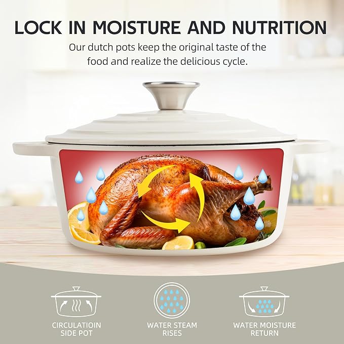 6 Quart Dutch Oven Enameled Cast Iron with Lid - Big Dual Handles - Oven Safe up to 500째F - Classic Round Pot for Versatile Cooking (Cream, 6 QT)