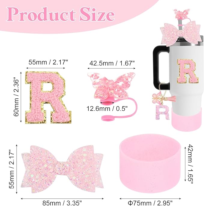 uxcell 8Pcs Cup Accessories Set for Cup Tumbler with Handle, Including Silicone Straw Cover, Boot, Spill Proof Stopper, Handle Charm, Initials Sticker(Letter R, Pink)