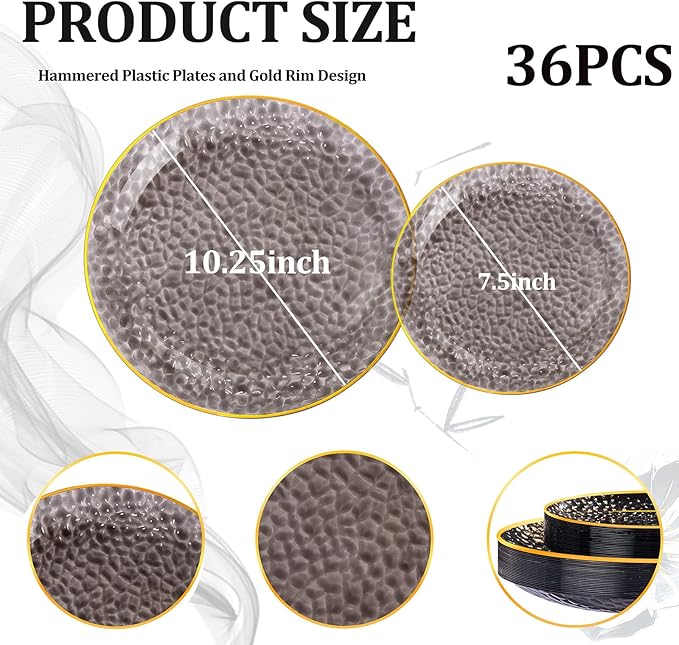 SUT 36Pcs Black Plastic Plates, Hammered Plates Disposable Heavy Duty, Black Disposable Plates With Gold Rim, Fancy Plastic plates Include 18 Dinner plate and 18 Dessert plate for Party
