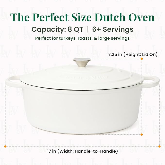 Larder & Vine Enameled Cast Iron 8 qt Dutch Oven Pot with Lid | Bread Baking | Compatible on All Cooktops & Oven Safe to 500째 F | Great for Sourdough Bread | White