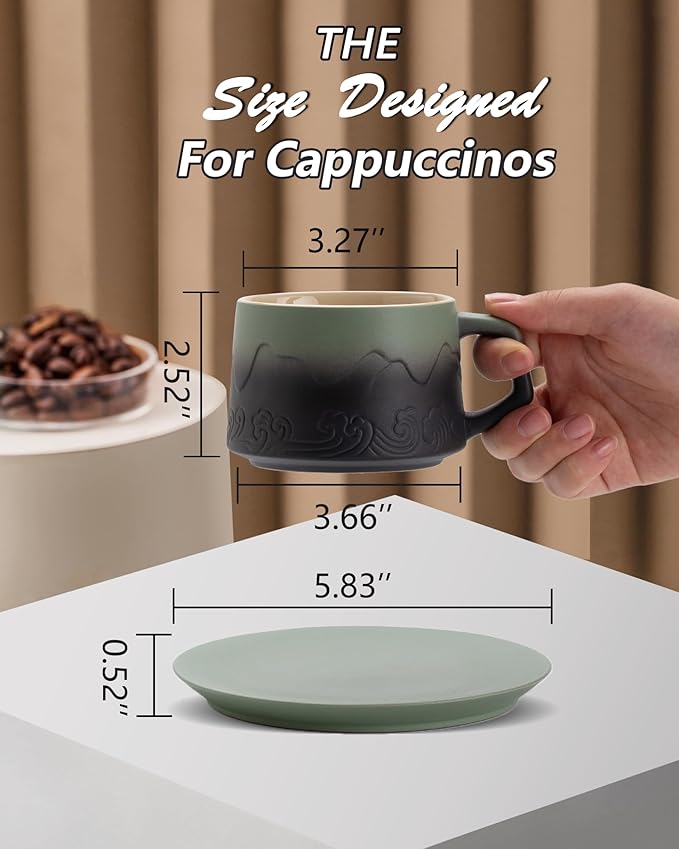 ZENS 8 Ounce Cappuccino Cups Set of 4, Embossed Artistic Cappuccino Mug with Saucers for Latte Art, Ceramic Coffee Cups for Au Lait Cafe or Matcha Tea Cup Gifts, Moss Green & Black