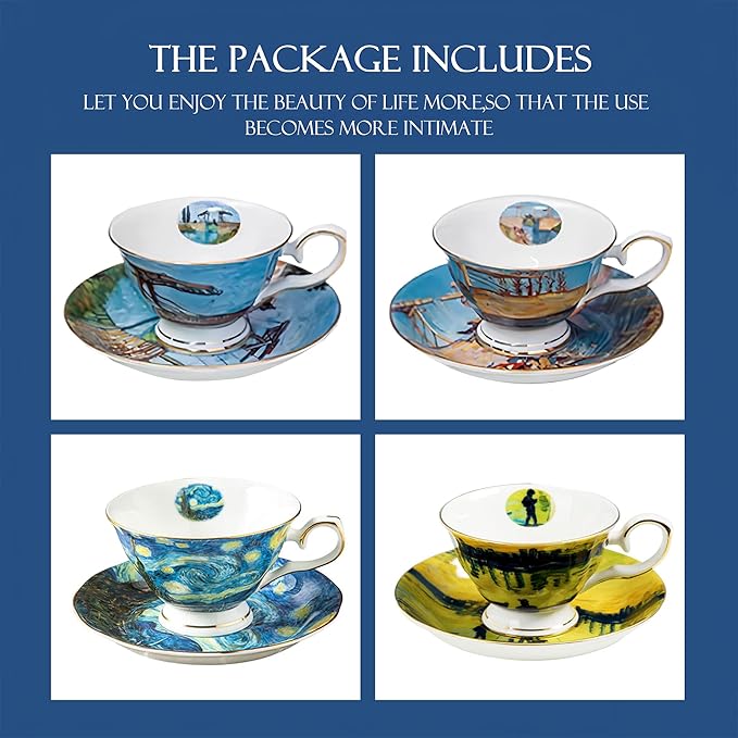 Van Gogh Bone China Set of 4 Cups and Saucers, Coffee Cup and Saucer Set With Gift Box, 7.4-Ounce Art Coffee Mugs Set - Perfect Birthday/Holiday/Wedding Gift