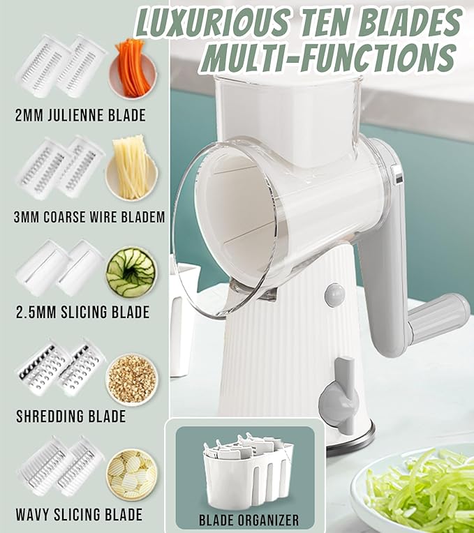 BSFRNF 5 In 1 Rotary Cheese Grater Vegetable Slicer for Kitchen, Carrot Shredder Tool-Food Shredders with 5 Sets Interchangeable Blades And Strong Suction Base (White)