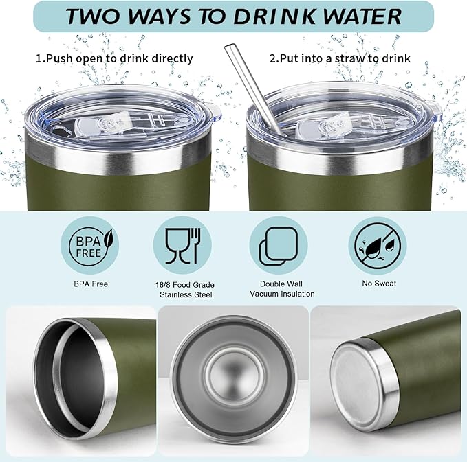 ATIKZHE 20oz Tumbler with Straw and Brush, Stainless Steel Vacuum Insulated tumbler, Double Wall Insulated Coffee Tumbler for Outdoor, Home, Travel,Office (Army Green,4pcs)
