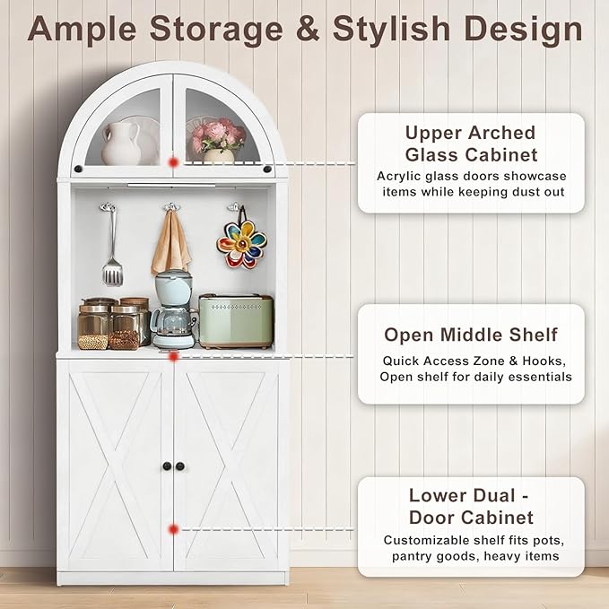 71" Tall Arched Kitchen Pantry Cabinet, Farmhouse Storage Cabinet with LED Light, Adjustable Shelves & Glass Door, Versatile Cupboard for Kitchen, Dining Room, Bathroom