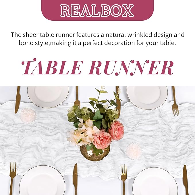 RealBox 3 Pack White Cheesecloth Table Runner 17x108 Inch Semi Sheer Boho Gauze Cheese Cloth Fabric Table Runners Table Decor for Wedding Party Baby Shower Birthday Home Decor Garden Farmhouse