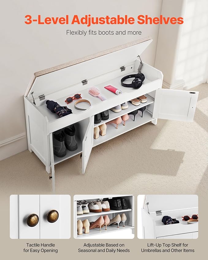 VEVOR Shoe Storage Bench with Padded Cushion & 3 Barn Doors, Entryway Bench with Hidden Storage, 41.3 x 13.8 x 19.8 Inches, for Entryway, Hallway, Living Room, Bedroom