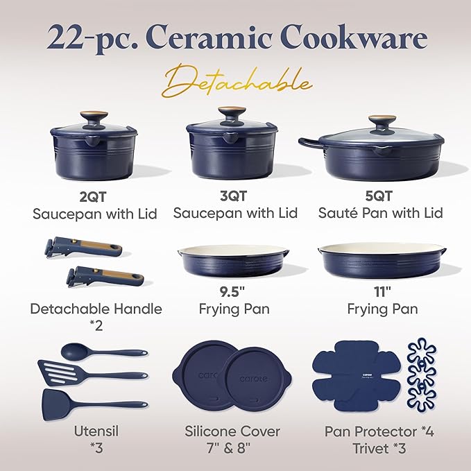 CAROTE 22Pcs Titanium Cookware Set, Pots and Pans Set Non Stick, Kitchen Cooking Set with Detachable Handle, Non Toxic Induction Cookware, Dishwasher/Oven Safe竊똁lue