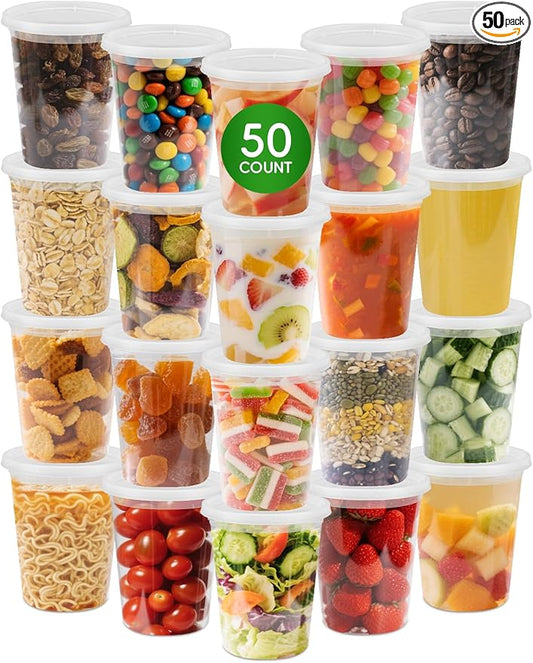 50 Pack 32 oz Plastic Food Containers with Lids BPA Free Stackable Leakproof Deli Containers for Meal Prep Slime Soup Microwave Freezer Dishwasher Safe