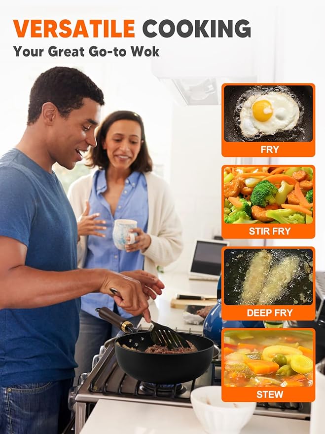 Carbon Steel Wok, 9.5" Deep Frying Pan With Lid, Flat Bottom Small Wok, 3-Qt. Saute Pan, Authentic Chinese Stir-Fry Pans with Glass Lid
