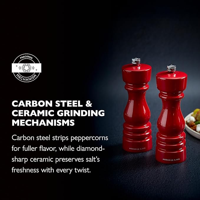 Cole & Mason London Refillable Spice Mill - Kitchen & Home Accessory - Salt & Pepper Grinder Set - Salt Mill with Ceramic Mechanism - Pepper Mill with Carbon Steel Mechanism - 7", Red Gloss