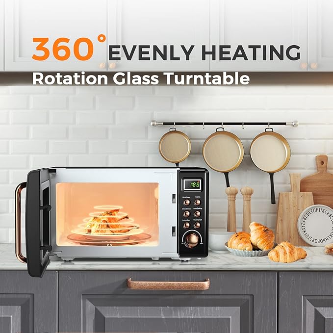 ARLIME Retro Microwave 0.7Cu.ft, 700 Watt Countertop Microwave with 5 Micro Power Defrost & Auto Cooking Function, LED Display, Child Lock, Small Microwave for Kitchen, RV, Dorm (Golden)