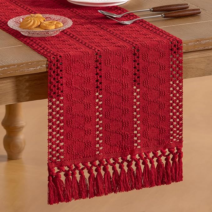 Socomi Boho Table Runner Valentine's Day Farmhouse Rustic Dining Kitchen Centerpiece Decor Small Macrame Woven Cotton Linen Coffee Table Runner for Dresser Scarf Home Decor 12x72 in Red